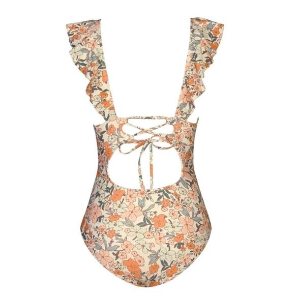 Cupshe Women’s Small Floral Ruffle One-Piece Swimsuit V-Neck Lace-Up Back Cheeky - Picture 4 of 8